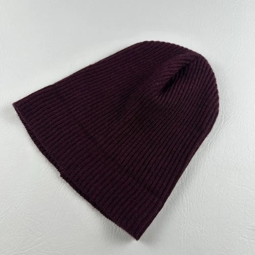 100% Extra Fine Merino Wool Beanie Burgundy Ribbed Knit Winter Hat Unisex